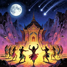 moon - worshipers and temple - dancing in front of a temple in a dramatic mountain range under a comet shower, magic, colorful drawing, concept art in the style of enki bilal and sergio toppi