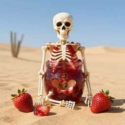 strawberry jam covered skeletons in a desert