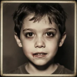 creepy kid with dark eyes and crooked jaw, vintage photo, 4 k, art station concept, highly detailed