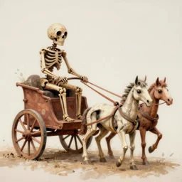 The land art features a human figure driving a chariot. The figure is skeletal and frail, with a large head and eyes. The chariot is pulled by two animals, which are also skeletal and frail. Bojack Horseman by André Masson, by Bill Medcalf straight, insane