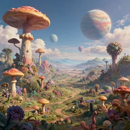 a view of a surreal alien variated planetary fractal landscapes with gigantic fungus and flora of varying sizes scattered across the vast landscapes, surreal clouds, floating islands, 4 k, retro, detailed, beautiful view, vibrant, planets in the skies, trending on artstation