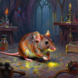 a mouse in a gothic atelier, oil painting, detailed, colorful, glowing lighting, 4 k, depth of field, in the style of yanjung chen and tom bagshaw,