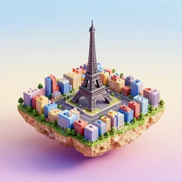 isometric diorama full view of small island of paris city block on a pastel gradient background, ultra detailed, hd textures, sharp focus, volumetric light, depht of field, by filip hodas, featured on polycount, cubo - futurism, colorful, voxel art, diorama, cityscape, octane render, no crop!!!