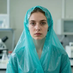 closeup portrait of a woman wrapped in teal cellophane, standing in a derelict science lab, color photograph, by paula rego, canon eos c 3 0 0, ƒ 1. 8, 3 5 mm, 8 k, medium - format print
