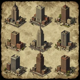 top down map of ten buildings, post - apocalyptic new york, style of darkwood game