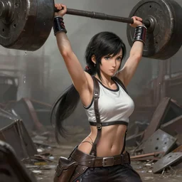 tifa lockhart lifting heavy metal objects in a scrapyard, deep focus, sweat drops, intricate, elegant, highly detailed, digital painting, artstation, concept art, matte, sharp focus, illustration, art by artgerm and greg rutkowski and alphonse mucha