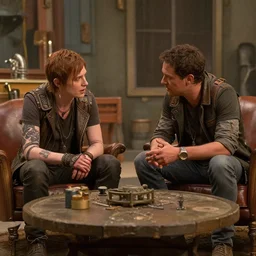 impressive small close cinematography scene featuring bio - punk aesthetic furniture. close shot of two characters discussing an important topic. film still from the new live - action adventure movie. special effects from the studios called industrial light & magic, weta.