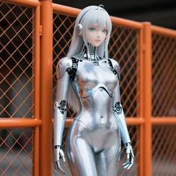 perfect anime cyborg woman, porcelain, aluminium ( desgined by apple ), silver, blue soft details, soft!!, standing close to an orange metal fence, studio photo, octane render, studio lights, 8 0 mm lens