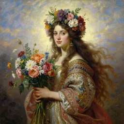 portrait oil painting, a beautiful young woman, floral headdress, flowers, holding a bouquet of flowers, long flowing hair, ornate robe, ultra realistic, wide angle, intricate details, artifacts, luminous skies, highly detailed, michael cheval, peter mohrbacher, boris vallejo, jessica rossier, oil painting, highly detailed, cinematic lighting