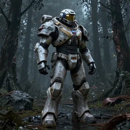 T-45 power armor stands against the background of a radioactive forest, graphics, fallout 4 render, 3d computer render, maximum details, rain, night, spotlight,