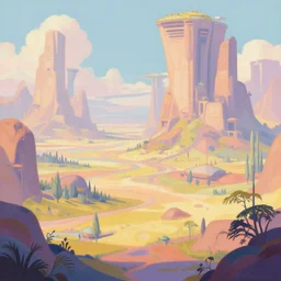 a scifi landscape painting by Dan Mumford, by Greg Rutkowski,trending on artstation,intricate,2d,4k,pastel colors