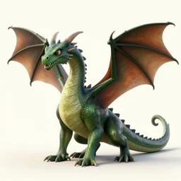 A dragon is a lizard like creature with four small legs, a large body ending in a long tail, the head is similar to a lizards but with more sharp teeth and larger eyes. The Dragon also has 2 large wings similar to those of a bats