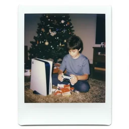 Kid unwrapping a Playstation 4 on Christmas, 1980's Polaroid photograph