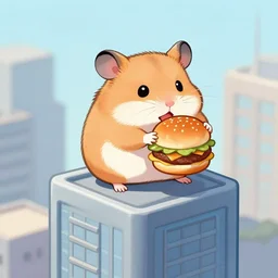 a hamster eating a hamburger on a tall building,Character design by charlie bowater, ross tran, artgerm, and makoto shinkai, detailed, inked, western comic book art, 2021 award winning painting,digital art,ultra realistic,ultra detailed,art by greg rutkowski,photorealistic,hyperdetailed,detailed face