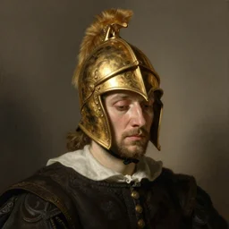 portrait of a sad man in a golden helmet by rembrandt