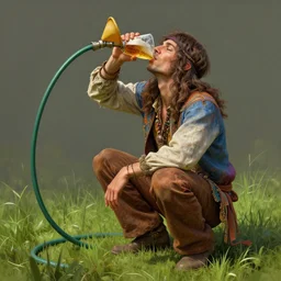 a hippie young man, crouching, drinking beer from a funnel installed on agarden hose, colourful clothes, grass, smooth, subtle shadows, fine details, octane render, stunning, intricate, elegant, highly detailed, digital painting, artstation, smooth, sharp focus, raw, art by zdzislaw beksinski