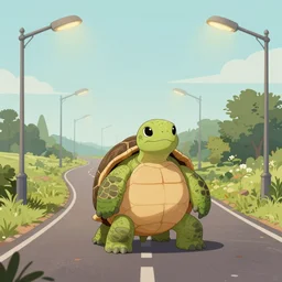 a study of cell shaded cartoon of an obese Turtle on a country road, street lamps, road, illustration, wide shot, subtle colors, post grunge, concept art by josan gonzales and wlop, by james jean, Victo ngai, David Rubín, Mike Mignola, Laurie Greasley, highly detailed, sharp focus, Trending on Artstation, HQ, deviantart, art by artgem