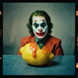kodak portra 4 0 0, wetplate, 8 k, shot of a highly detailed, britt marling style, colour still - life portrait of a lemon looks like 1 9 9 9 joker and his demons, teal and orange, muted coloures