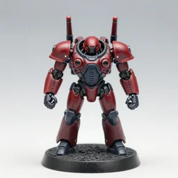 8 0 mm resin detailed miniature of a armored core with red shoulder, full body, head, legs, textured base ; product photos, 4 k, view from front