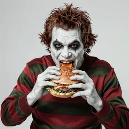 A still of Freddy Krueger eating a burger, 4k, photograph, ultra realistic, highly detailed, studio lighting