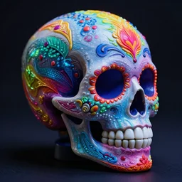 insanely detailed sugar skull, fine art, resin, tetrachromacy, electric colors, halfrear lighting, posterization, sugar skull with bioluminescence, supremely detailed
