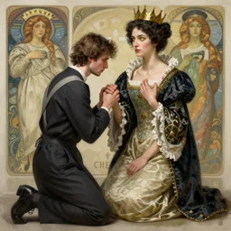 servant kneeling before a condescending and proud queen, yellow eyes, highly detailed, digital painting, artstation,  smooth, sharp focus, illustration, art by artgerm and alphonse mucha, high definition digital art, in the style of ilya kuvshinov and Ross tran