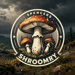 Spencers Shroomery logo. Mushroom theme retro styling by ivan chermayeff
