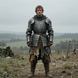 A film still of a man wearing a dark grey quilted medieval gambeson with small metal plates woven in with tattered string and cable, also wearing a torn, worn scary made of many colors of layered linen. Full body Wide shot