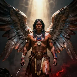a south american indigenous warrior with angelic wings, by tsuyoshi nagano, by greg rutkowski, dramatic lighting, blood, god rays, angelical, symmetrical, intricate, detailed, cinematic, masterpiece, extreme details, volumetric light
