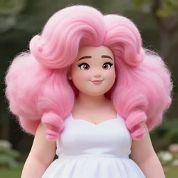 a photograph of rose quartz from steven universe, portrait photography, 85mm, iso 400, focus mode, detailed portrait, gigantic pink ringlets, huge pink hair, chubby, white dress, gorgeous, kind features, beautiful woman, flattering photo, daylight