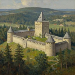 landscape of a large fortress in a pine forest, well lit, detailed, cinematic lighting, oil painting