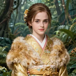 asian japanese emma watson wearing golden furisode, jungle background, intricate, highly detailed, concept art, sharp focus, illustration, artgerm, ruan jia, jurgens, aleksi briclot, mucha