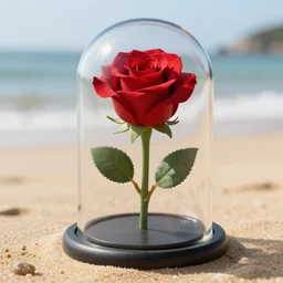 a realistic red rose underneath a glass dome on the beach, unreal engine, realistic, fantasy style
