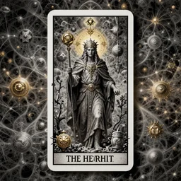 the hermit tarot card, fantasy character portrait made of fractals, ultra realistic, wide angle, intricate details, the fifth element artifacts, highly detailed by peter mohrbacher, hajime sorayama, wayne barlowe, boris vallejo, aaron horkey, gaston bussiere, craig mullins