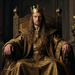 portrait of a king sitting on his throne with long hairs in alan lee and marc simonetti and emil melmoth style  , cinematic lighting