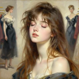 a high fashion studio detailed portrait of am charming anime girl, eyes closed, brightly lit, painting by gaston bussiere, craig mullins, j. c. leyendecker