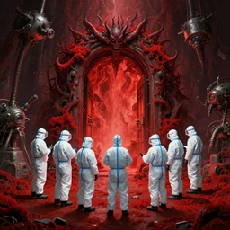 wide - shot photo of a group of scientists in hazmat suits, studying a hellish demonic infernal door, by shaun tan, codachrome, unsettling, red moss, otherworldly, machines, 8 k, hd, highly detailed,