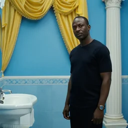 movie still by djibril diop mambety of a blue neoclassical bathroom with yellow drapery with columns next to the ocean, cinestill 8 0 0 t 3 5 mm, heavy grain, high quality, high detail, isometric view