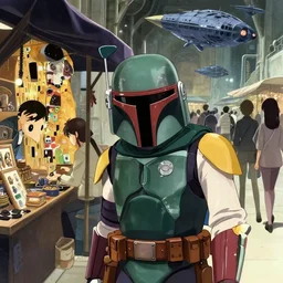 anime visual, boba fett at a coruscant scifi open air market exterior shopping at a stall, starships, cute face by ilya kuvshinov, yoh yoshinari, makoto shinkai, dynamic composition, dynamic perspective, cel shaded, flat shading mucha, rounded eyes, moody, detailed facial features, psycho pass, lomography, gustav klimt