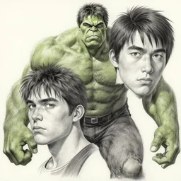 detailed portrait hulk by yusuke murata and masakazu katsura, artstation, highly - detailed, cgsociety, pencil and ink, fighting pose, city in the background, dark colors, detailed face, intrincate details, 4 k
