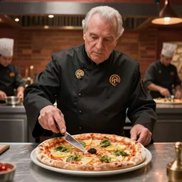 A still of Emperor Palpatine making a pizza in Masterchef, 4k, photograph, ultra realistic, highly detailed, professional lighting