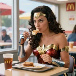 movie scene of wonder woman eating breakfast in mcdonald's, worm lighting, sunny day, wonder woman ( 2 0 0 8 )