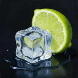 award winning ultra - realistic!!! painting of an ice cube starting to melt next to a lime wedge, black background!!!