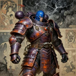 composition of gothic and futuristic, warhammer, cyber japan samurai armor, more and more scars, storm, blue head, some purple and orange, the middle ages, highly detailed, artstation, in the style of moebius, jugendstil and classic japanese print, art by jean delville and rene magritte