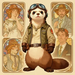 furry anthropomorphic ferret aviator pilot. Renowned character illustration by greg rutkowski, thomas kindkade, alphonse mucha, loish, norman rockwell. Trending on furaffinity.