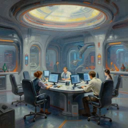 futuristic office, cyberpunk, painting by greg rutkowski, j. c. leyendecker, artgerm