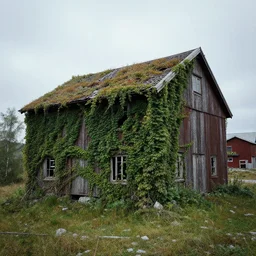 desolate abandoned longyearbyen, taken over by nature, houses covered in vines