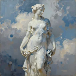 concept art of abstract beautiful female sculpture, liquid acrylic painting, lens flare, clouds, masterpiece of renaissance sculpture
