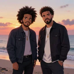 the weeknd and drake by studio ghibli, digital art, sharp focus, 4 k, sunset beach, foggy, neon