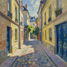 parisian alley, canal woodblock colour print detailed fine van gogh strokes